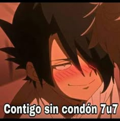 an anime character with black hair and glasses in front of a red background text reads contigo sin condor 7u7