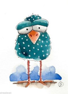 a watercolor painting of a blue bird with white dots on it's head