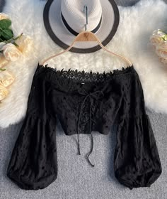 Sexy Lace Rotator Sleeve Top Lace Shirts Aesthetic, Ethereal Aesthetic Outfits Casual, Photographer Aesthetic Outfit, Flowy Blouse Outfit, Black Clothes Aesthetic, Dark Romantic Outfit, Dark Color Clothes, Cute Outfits Women, Lace Clothes