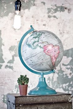 a globe sitting on top of a wooden table next to a potted succulent