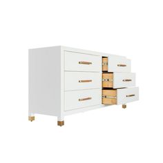 an image of a white dresser with drawers on it's sides and gold handles