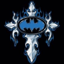 the batman symbol is shown in blue and white with flames on it's side