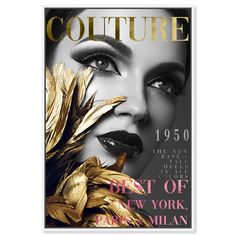 a magazine cover with an image of a woman's face and gold leaves on it