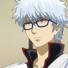 an anime character with glasses and white hair is looking at something in his hand while he looks off to the side