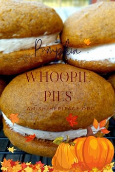 pumpkin whoopi pies are stacked on top of each other