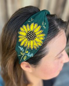 Welcome!  Make a statement with these sunflower beaded  headbands . If you are a person who loves something unique and handmade these beaded knot headbands are for you. Statement hair accessories for your daily wear. they are extremely lightweight. They are carefully sewed and the intricate design gives it a sturdy feel. If you have any questions please send me a message Summer Adjustable Beaded Headband, Embroidered Hair Bands, Adjustable Embellished Headband, Beads Headband, Beaded Sunflower, Green Beaded Headband, Bead Headband, Headband Beaded, Beaded Headbands