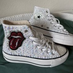 Custom Bejeweled White Platform Converse With Kiss Logo. Handmade With Rhinestones And Pearls. Perfect For A Bride Or Bride To Be! #Converse #Platform #Bride #Bridetobe #Engaged #Wifey #Custom #Bejeweled Just Married Sneakers, White Party Sneakers With Rhinestones, White Rhinestone Party Sneakers, White Bling Sneakers For Party, Converse Sneakers With Rhinestones And Round Toe, White Bedazzled Sneakers For Party, White Bedazzled Party Sneakers, White Embellished Sneakers For Party, White Embellished Party Sneakers