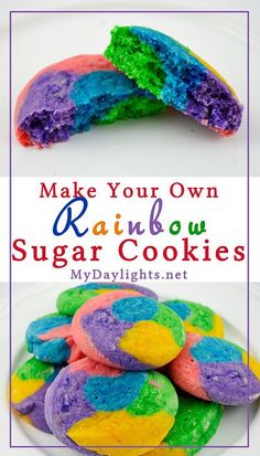 make your own rainbow sugar cookies on a white plate with the words, make your own rainbow sugar cookies