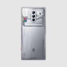 the back side of a silver cell phone with an open camera lens and two cameras