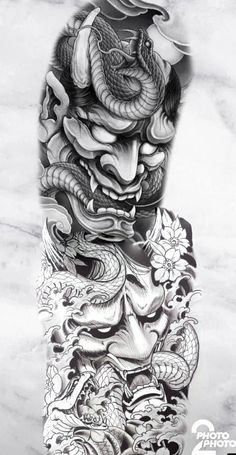 an arm tattoo with a dragon and flowers on the side, in black and white