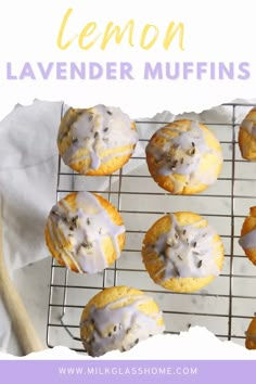 lemon lavender muffins with icing on a cooling rack