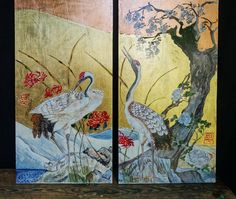 two paintings with birds on them in front of a tree and some flowers near water