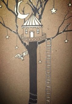 a drawing of a tree house with a ladder to the top and stars hanging from it