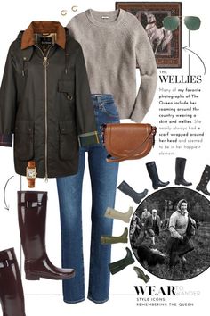 How To Wear Hunter Boots Outfits, British Heritage Fashion Summer, Chic Rain Boots, Scottish Fall Fashion, Outfits With Wellies, Gemma What To Wear, Jcrew Outfits 2023, Rain Boots Outfit Work, Wellies Aesthetic