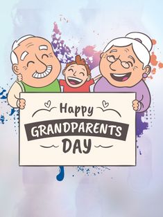 an old couple and two young children holding a sign that says happy grandparents's day