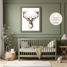 a baby's room with a deer head on the wall