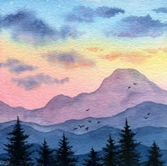 watercolor painting of mountains at sunset with birds flying in the sky and trees below