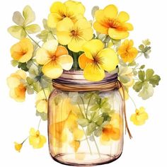 watercolor painting of yellow flowers in a mason jar with green leaves on the side