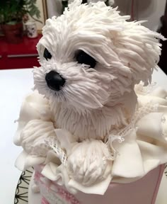 there is a cake made to look like a white dog with flowers on it's head