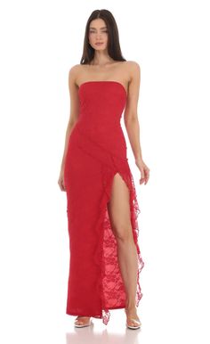 Strapless Lace Ruffle Slit Dress in Red | LUCY IN THE SKY Red Dresses Strapless, Swim Outfits, Red Strapless Dress, Long Red Dress, Lucy In The Sky, Red Maxi, Prom Dress Inspiration, Long Red, Lace Ruffle