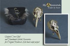 two pieces of jewelry are shown with an image of a bird's head and other items