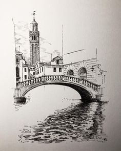 a drawing of a bridge with a clock tower in the background and water below it