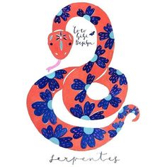 an orange and blue snake with flowers on it's tail, in the shape of a number