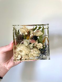 a person holding up a glass block with flowers inside it and leaves in the center