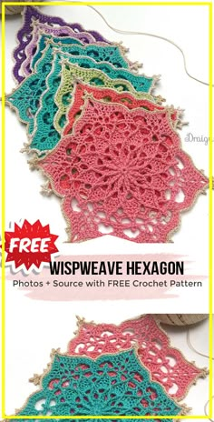 crocheted doily with the words wispweve hexagon on it