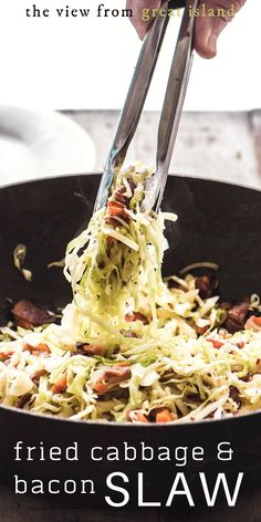 the cover of fried cabbage and bacon slaw is being held up with tongs