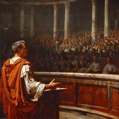 a painting of a man standing at a podium in front of a large group of people