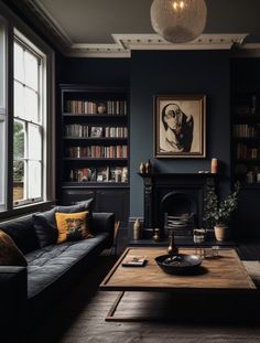 a living room filled with furniture and bookshelves next to a fire place in front of a window