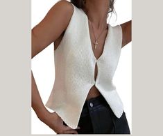 Women Y2k Crochet Vest Top Vintage Solid Color V Neck Sleeveless Button Down Crop Tops Streetwear Chaleco Casual, Sleeveless Knit Top, Y2k Sweater, Elegante Casual, Casual Vest, Cropped Tops, Knitting Women Sweater, Knitting Girls, Solid Clothes