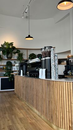 a coffee shop with wood flooring and plants