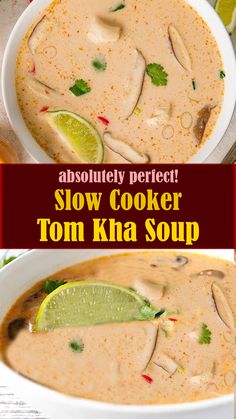 Slow Cooker Tom Kha Soup is absolutely perfect. This traditional Thai soup features a coconut milk-based broth that is infused with flavorful roots, herbs, and spicy chilies. This recipe will get you pretty darn close to what you might enjoy in a restaurant. Thom Kha Soup, Tom Ka Soup, Crockpot Recepies, Thai Soup Recipes Coconut