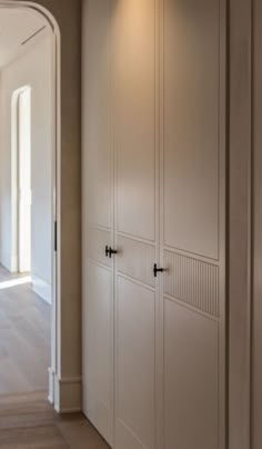 an empty hallway with white doors and wood flooring on the other side, leading to another room