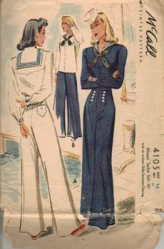 The full nautical suit from the 1940s I think. Notice the setting is the dock and the boat. The only place anyone would have gone so far with a full sailor suit. McCall 4105 50s Sailor Dress, Pants Design For Suits, Costume Sewing, Suit Costume, Costume Sewing Patterns