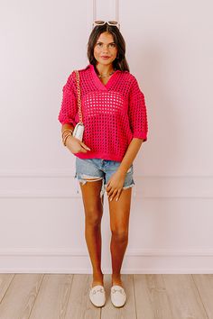 – Hit the streets in unique style with our gorgeous top – Lightweight, hollowed-out knit material with ribbed hems – V-cut collared neckline – Short loose sleeves – Relaxed flattering silhouette that falls into a straight hemline Pink V-neck Crochet Top For Spring, Pink V-neck Open Knit Sweater, Pink Knit Sweater With Ribbed Neckline, Pointelle Knit V-neck Top For Day Out, Trendy Hollow Out Sweater For Spring, Spring Hollow Out Knit Sweater, Spring Knit Hollow Out Sweater, Hollow Out Knit Sweater For Spring, V-neck Open Knit Crochet Top For Day Out