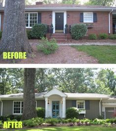 before and after pictures of a house in the front yard with trees, shrubs and bushes