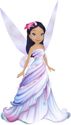 a cartoon fairy with long hair wearing a white dress and pink flower in her hair