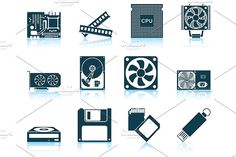 various computer and electronics icons are shown in this set, including cpus, fan, processor