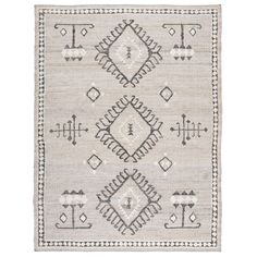 a gray and white rug with geometric designs