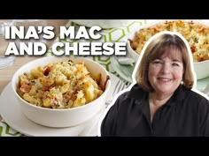 a woman sitting at a table in front of two bowls of macaroni and cheese