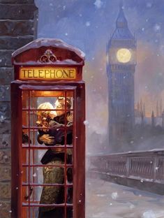 a painting of a man and woman kissing in a phone booth with the big ben clock tower in the background