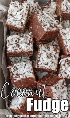 coconut fudge brownies in a box with text overlay