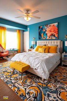 a bedroom with blue walls, yellow and white bedding, an orange chair, and a painting on the wall