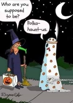 two cartoon characters dressed as witches and one is holding a broom, both have speech bubbles above their heads