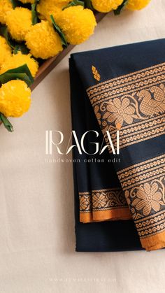 Handwoven Cotton Sari in Navy Blue & Orange with thread work border. Saree Product Shoot Ideas, Poila Boishakh Creative, Saree Reference, Fabric Shoot, Saree Photography, Saree Shoot, Saree Tassels Designs, Ads Creative Advertising Ideas