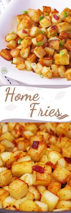 there is a plate with potatoes on it and the words home fries in brown lettering