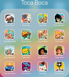 an iphone screen showing the icons for toca boca, which are all in different colors